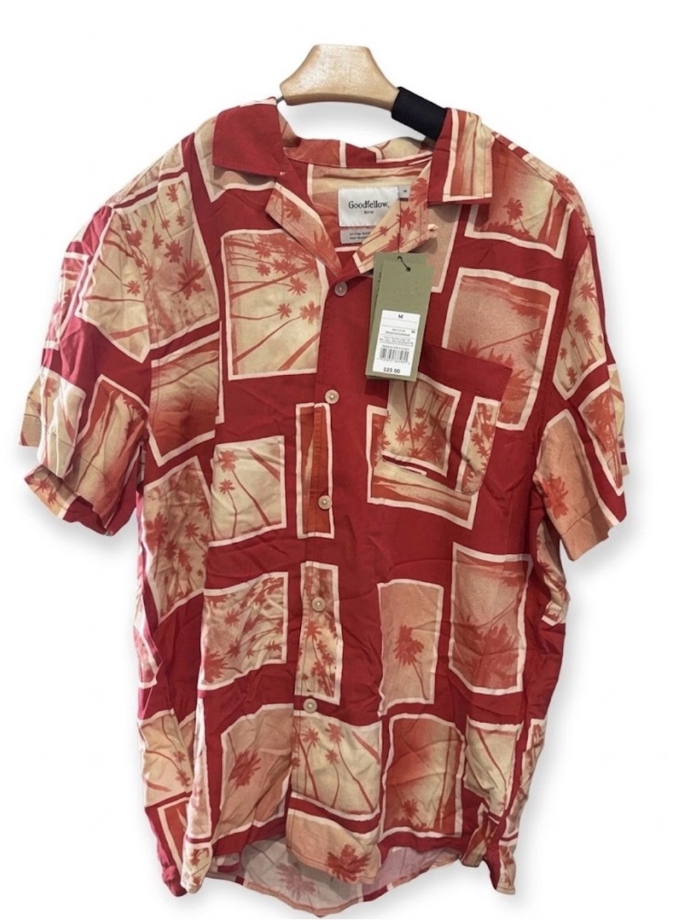 Goodfellow & Co Red and Cream Palm-Panel Short Sleeve Button-Up Shirt